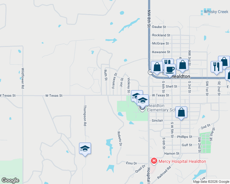 map of restaurants, bars, coffee shops, grocery stores, and more near 28 Frances Street in Healdton