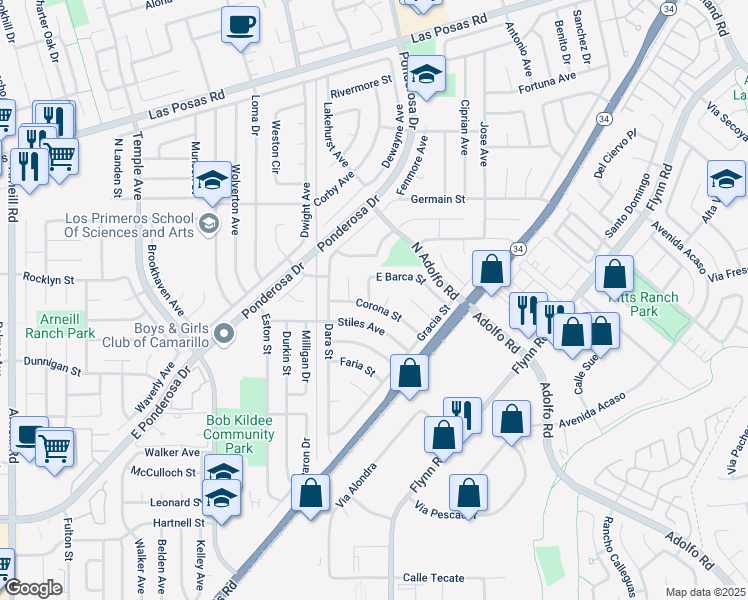 map of restaurants, bars, coffee shops, grocery stores, and more near 1456 East Barca Street in Camarillo