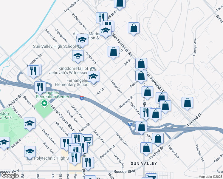 map of restaurants, bars, coffee shops, grocery stores, and more near 8914 Cayuga Avenue in Los Angeles