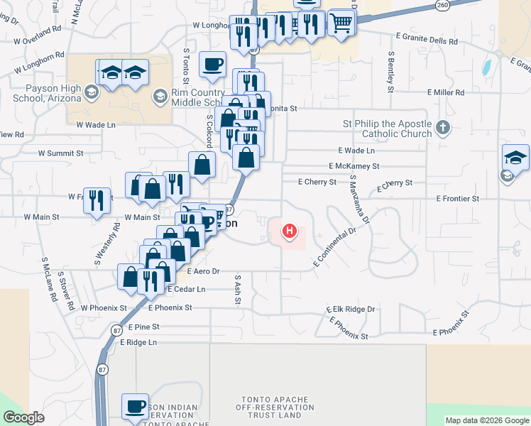 map of restaurants, bars, coffee shops, grocery stores, and more near 202 East Lone Pine Drive in Payson