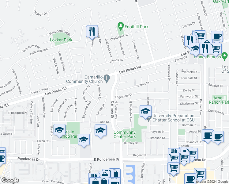 map of restaurants, bars, coffee shops, grocery stores, and more near 1501 North Agusta Avenue in Camarillo