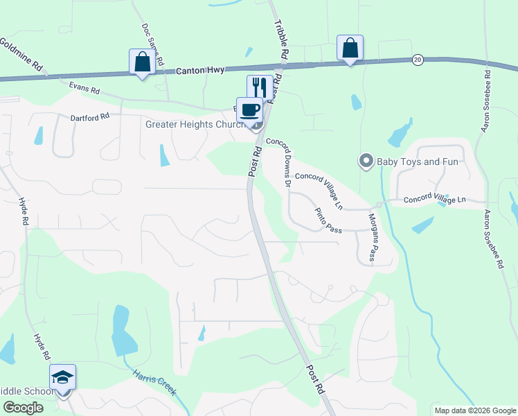 map of restaurants, bars, coffee shops, grocery stores, and more near 3935 Post Road in Cumming