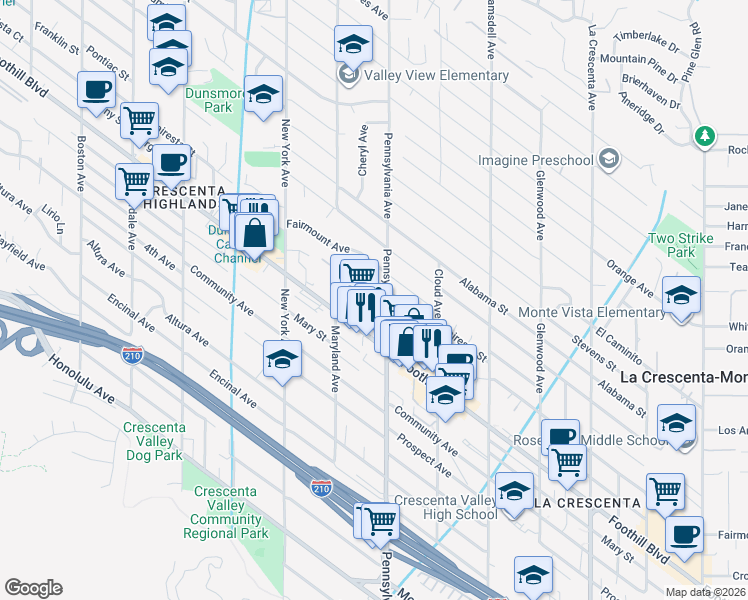 map of restaurants, bars, coffee shops, grocery stores, and more near 3200 Fairesta Street in Glendale