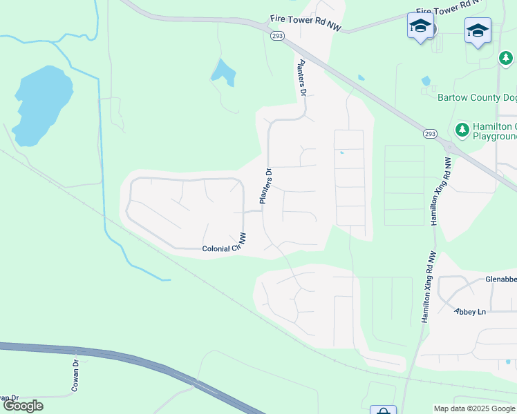 map of restaurants, bars, coffee shops, grocery stores, and more near 74 Planters Drive in Cartersville