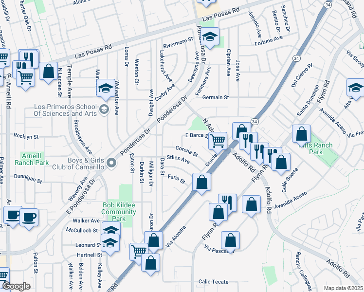 map of restaurants, bars, coffee shops, grocery stores, and more near 1456 East Barca Street in Camarillo