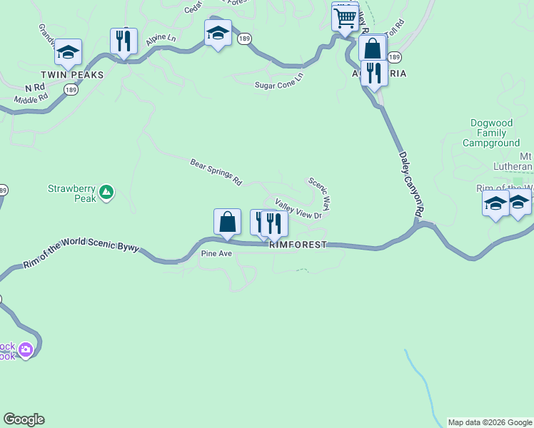 map of restaurants, bars, coffee shops, grocery stores, and more near 1209 Bridal Path in Lake Arrowhead