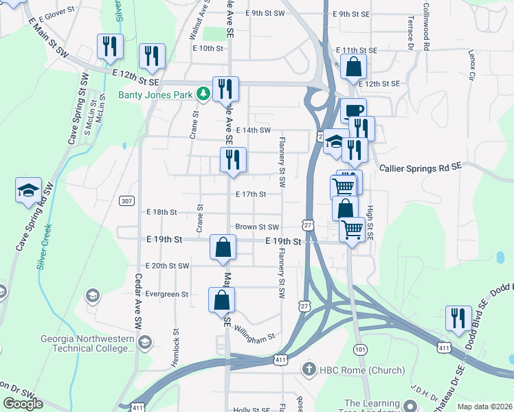 map of restaurants, bars, coffee shops, grocery stores, and more near 1705 Olmstead Street in Rome