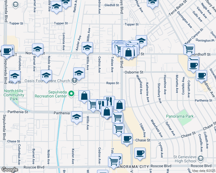 map of restaurants, bars, coffee shops, grocery stores, and more near 14654 Rayen Street in Los Angeles