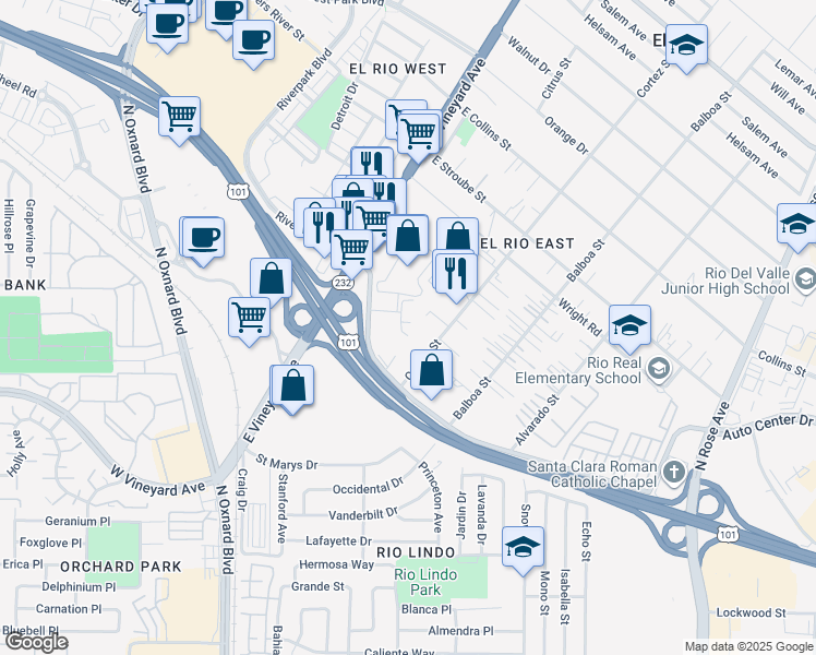 map of restaurants, bars, coffee shops, grocery stores, and more near 211 Ventura Boulevard in Oxnard