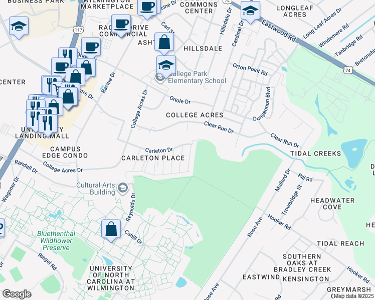 map of restaurants, bars, coffee shops, grocery stores, and more near 303 Monlandil Drive in Wilmington