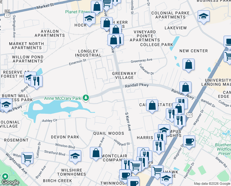 map of restaurants, bars, coffee shops, grocery stores, and more near 4301 Randall Parkway in Wilmington
