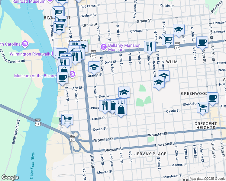 map of restaurants, bars, coffee shops, grocery stores, and more near in Wilmington