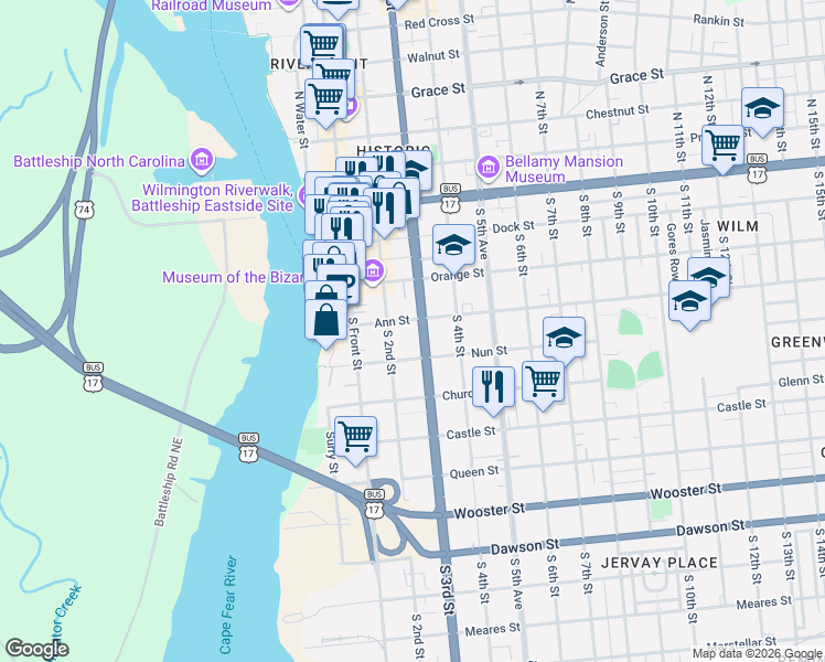 map of restaurants, bars, coffee shops, grocery stores, and more near 302 South 3rd Street in Wilmington