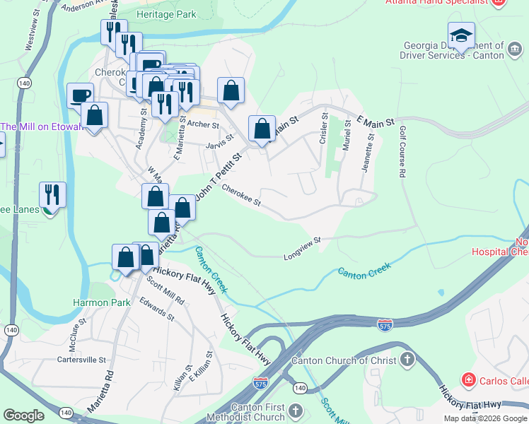map of restaurants, bars, coffee shops, grocery stores, and more near 340 Cherokee Street in Canton