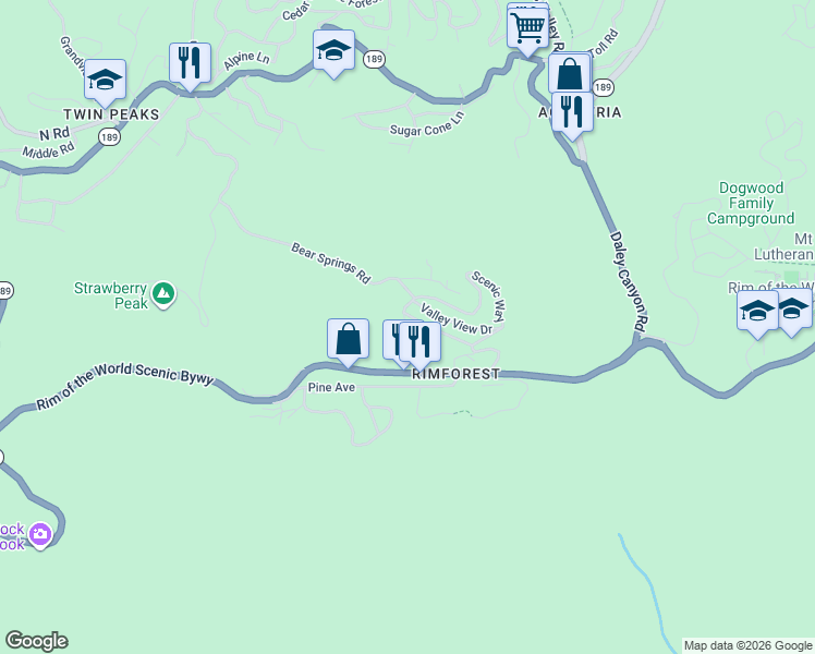 map of restaurants, bars, coffee shops, grocery stores, and more near 1209 Bridal Path in Lake Arrowhead