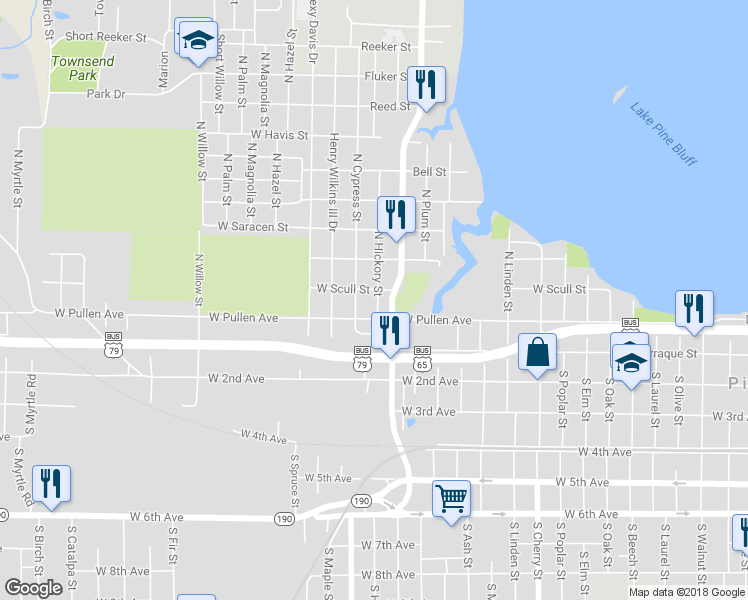 map of restaurants, bars, coffee shops, grocery stores, and more near 216 North Hickory Street in Pine Bluff