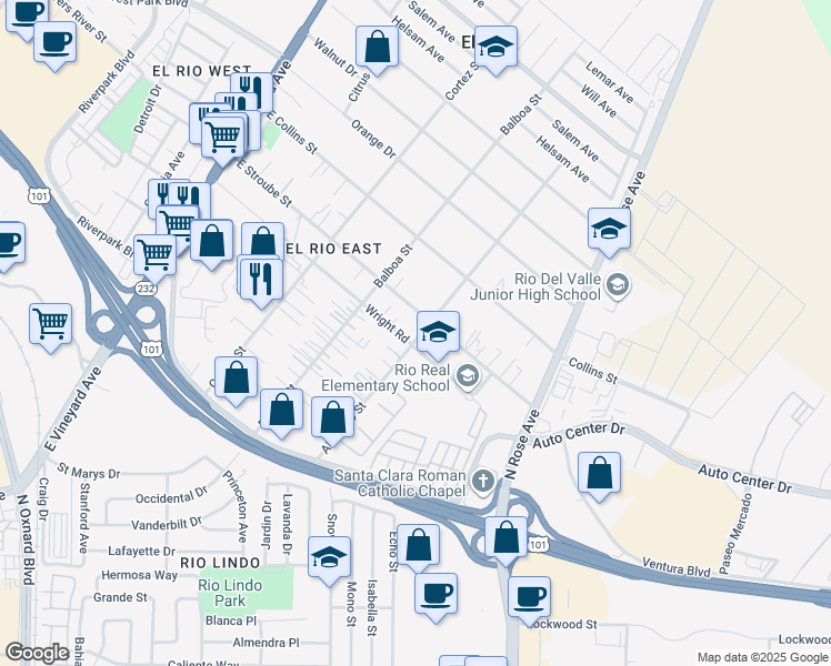 map of restaurants, bars, coffee shops, grocery stores, and more near Alvarado Street in Oxnard