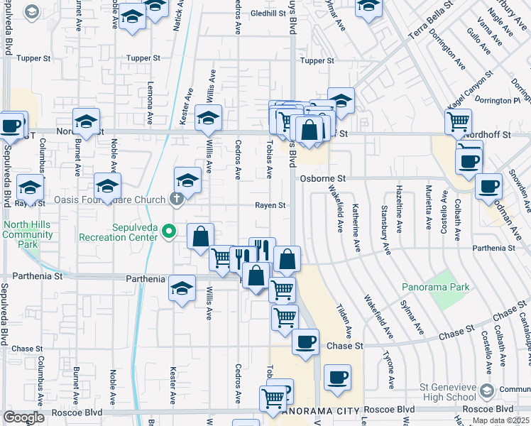 map of restaurants, bars, coffee shops, grocery stores, and more near 14654 Rayen Street in Los Angeles