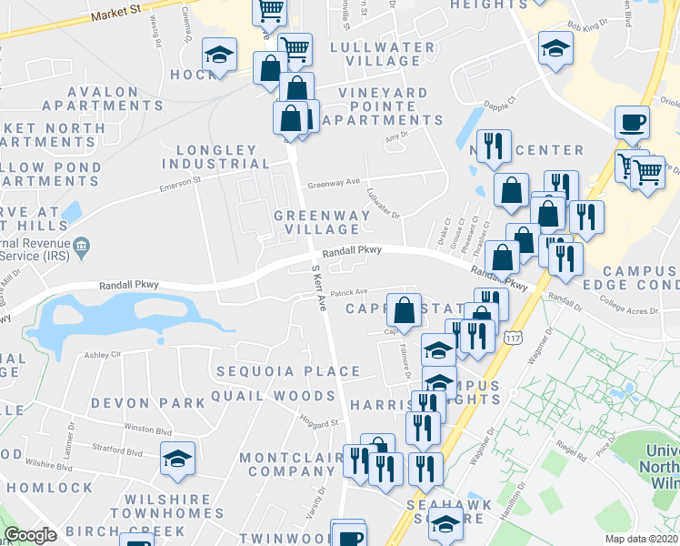 map of restaurants, bars, coffee shops, grocery stores, and more near 375 South Kerr Avenue in Wilmington