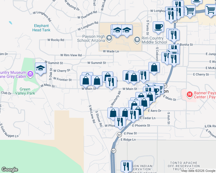 map of restaurants, bars, coffee shops, grocery stores, and more near 410 West Main Street in Payson