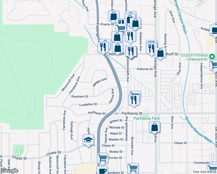 map of restaurants, bars, coffee shops, grocery stores, and more near 21907 Gresham Street in Los Angeles