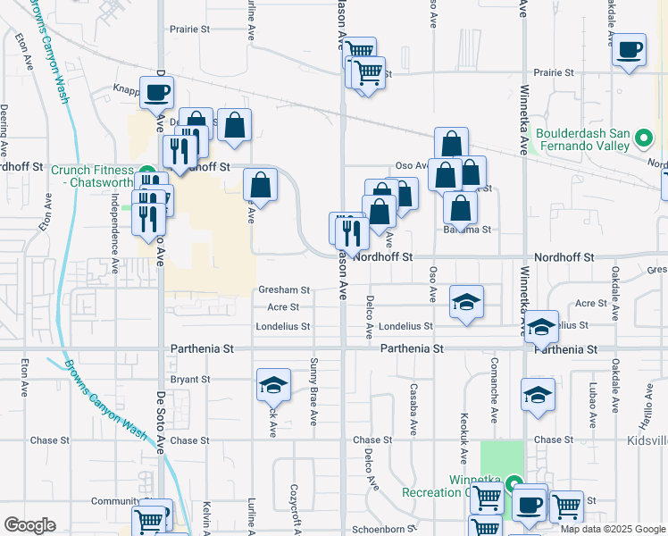 map of restaurants, bars, coffee shops, grocery stores, and more near 20500 Nordhoff Street in Los Angeles