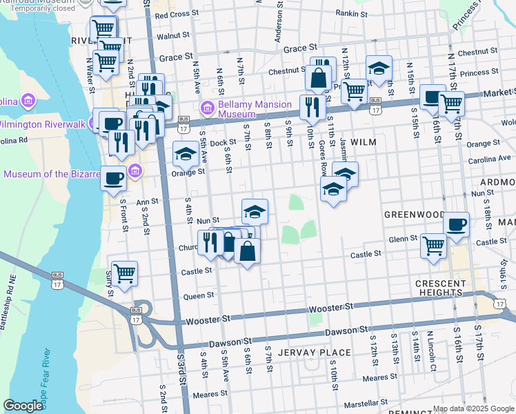 map of restaurants, bars, coffee shops, grocery stores, and more near 317 South 7th Street in Wilmington