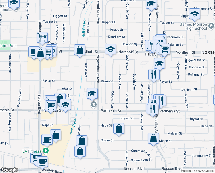 map of restaurants, bars, coffee shops, grocery stores, and more near 8842 Monogram Avenue in Los Angeles