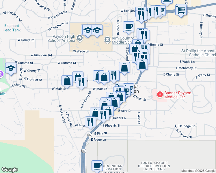 map of restaurants, bars, coffee shops, grocery stores, and more near 212 South Meadows Street in Payson