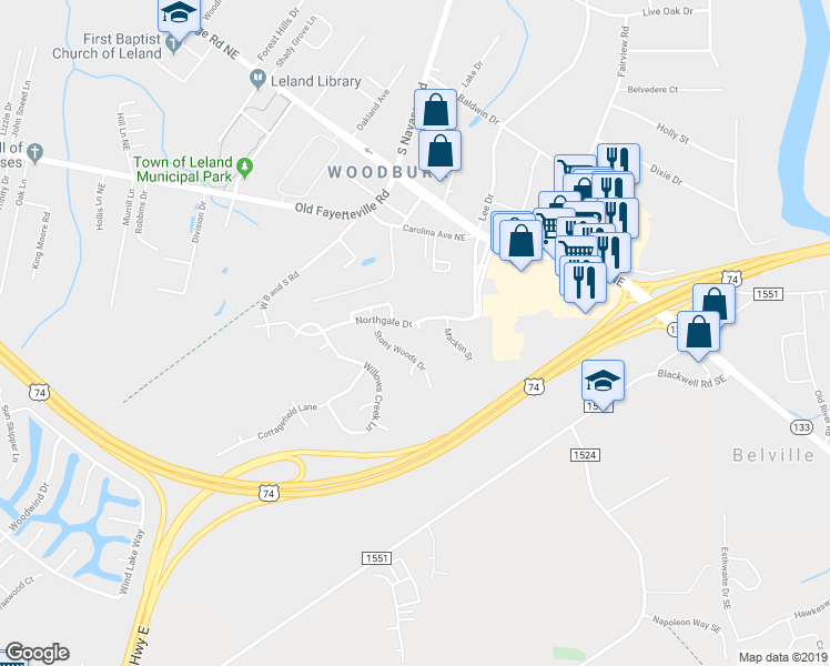 map of restaurants, bars, coffee shops, grocery stores, and more near 1005 Dandy Court in Leland