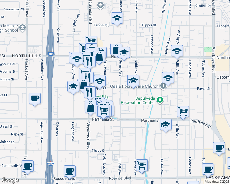 map of restaurants, bars, coffee shops, grocery stores, and more near 15222 Rayen Street in Los Angeles