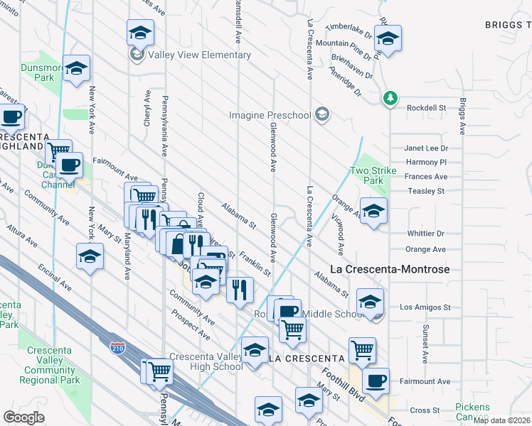 map of restaurants, bars, coffee shops, grocery stores, and more near 2911 Stevens Street in La Crescenta-Montrose