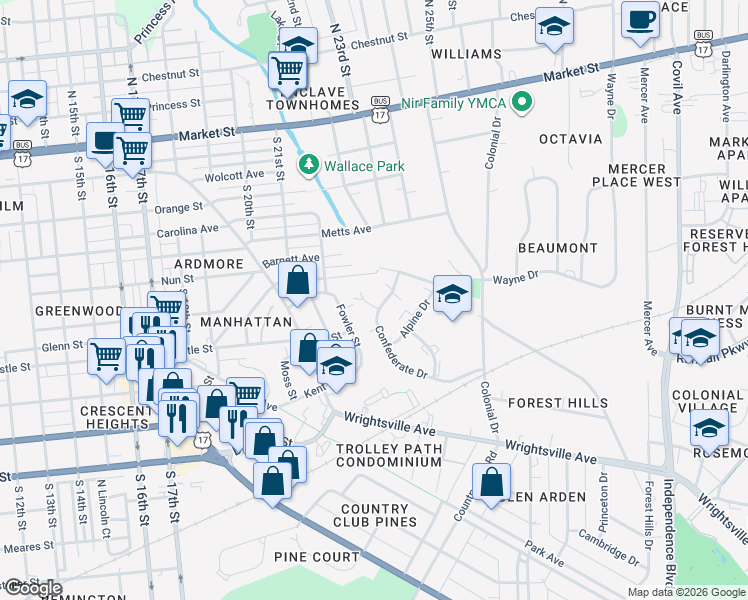 map of restaurants, bars, coffee shops, grocery stores, and more near 2454 Confederate Drive in Wilmington