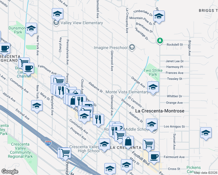 map of restaurants, bars, coffee shops, grocery stores, and more near 2911 Stevens Street in La Crescenta-Montrose