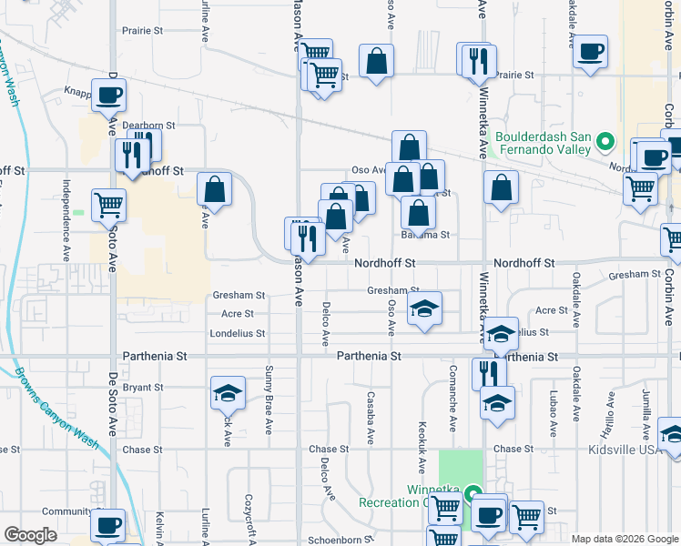 map of restaurants, bars, coffee shops, grocery stores, and more near 8853 Fullbright Avenue in Los Angeles