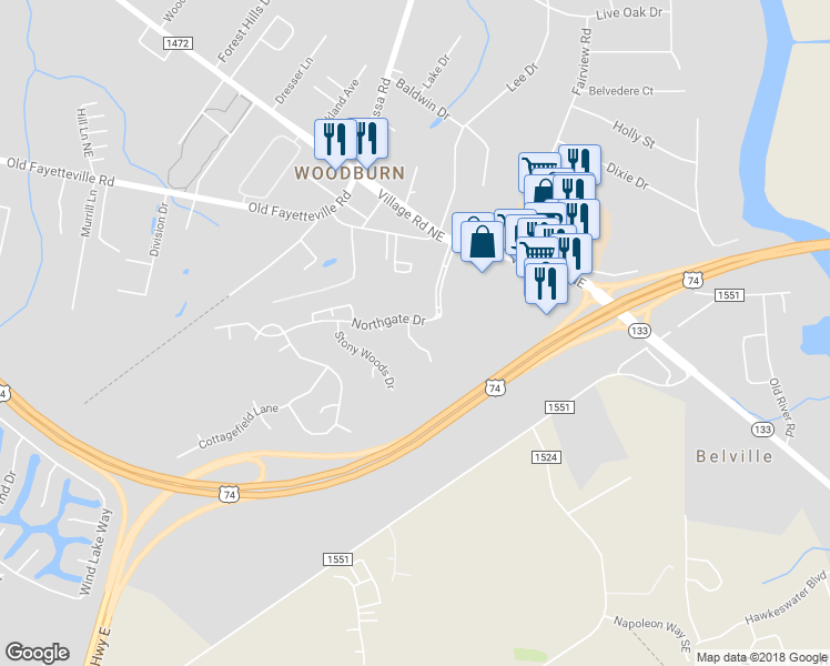 map of restaurants, bars, coffee shops, grocery stores, and more near 1008 Macklin Street in Leland