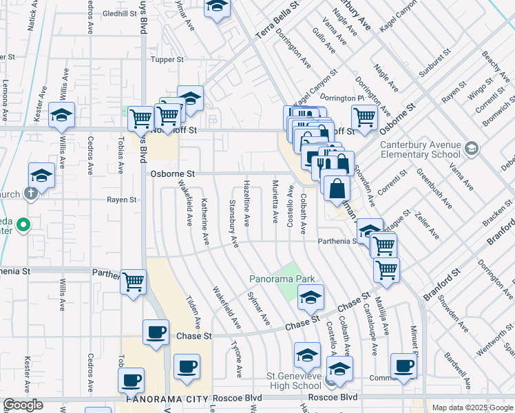 map of restaurants, bars, coffee shops, grocery stores, and more near 8845 Moonbeam Avenue in Los Angeles