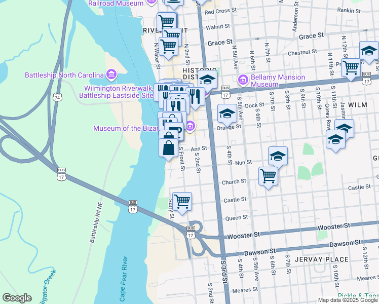 map of restaurants, bars, coffee shops, grocery stores, and more near 112 Ann Street in Wilmington