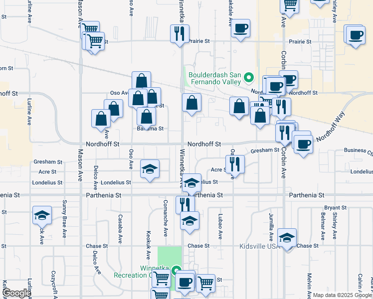 map of restaurants, bars, coffee shops, grocery stores, and more near 8850 Winnetka Avenue in Los Angeles