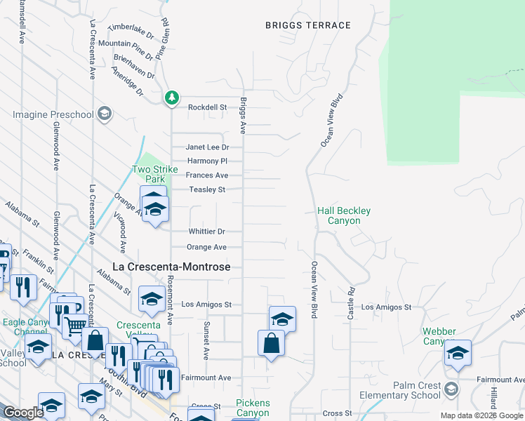 map of restaurants, bars, coffee shops, grocery stores, and more near 2340 Henrietta Avenue in La Crescenta-Montrose