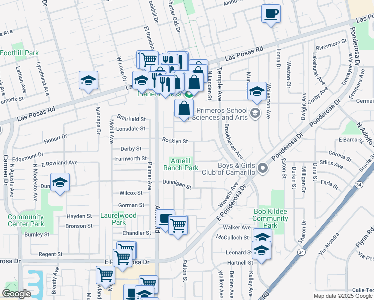 map of restaurants, bars, coffee shops, grocery stores, and more near 1358 Oakhurst Court in Camarillo