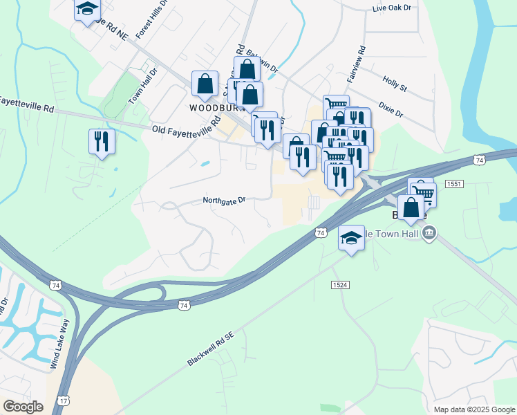 map of restaurants, bars, coffee shops, grocery stores, and more near 1008 Macklin Street in Leland