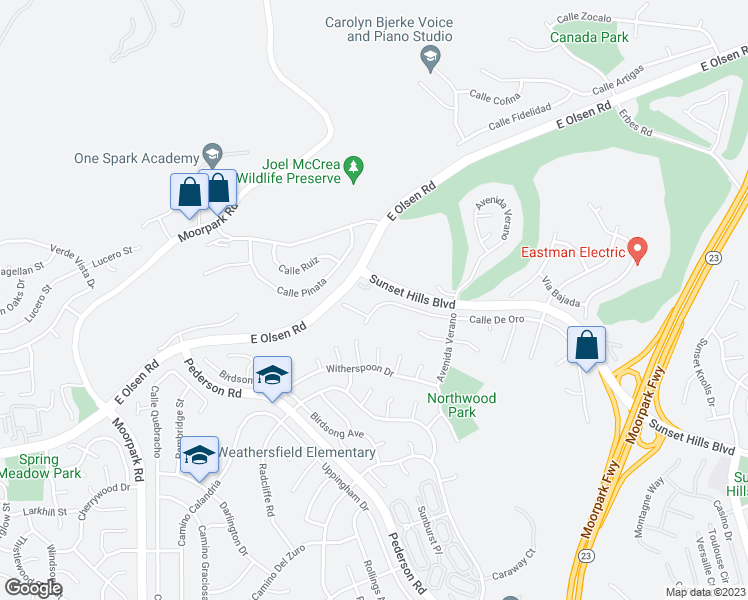 map of restaurants, bars, coffee shops, grocery stores, and more near 1231 Calle De Oro in Thousand Oaks