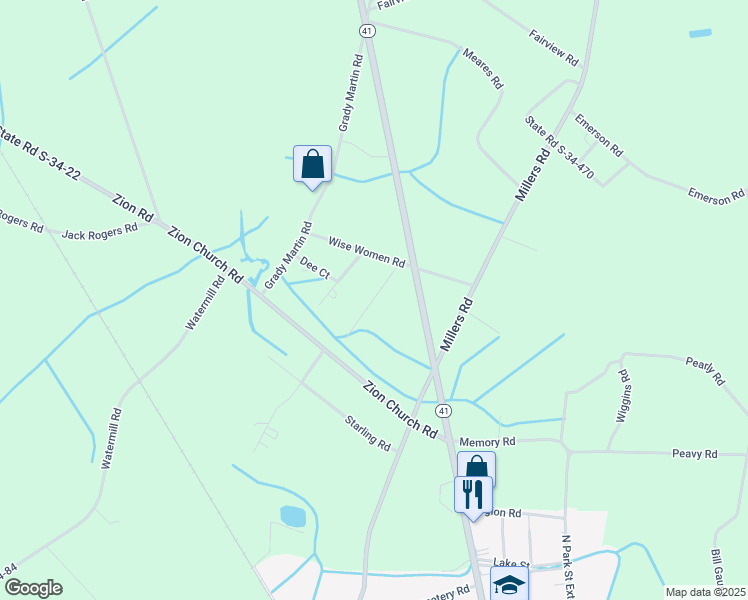 map of restaurants, bars, coffee shops, grocery stores, and more near 4616 Willow Court in Mullins