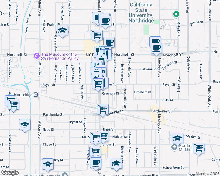 map of restaurants, bars, coffee shops, grocery stores, and more near 8822 Canby Avenue in Los Angeles
