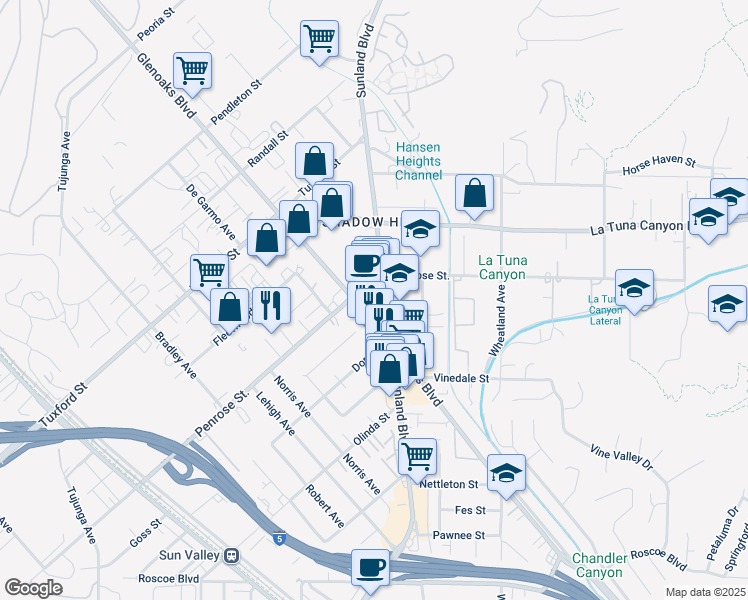 map of restaurants, bars, coffee shops, grocery stores, and more near Sun Valley Glenoaks Blvd in Sun Valley