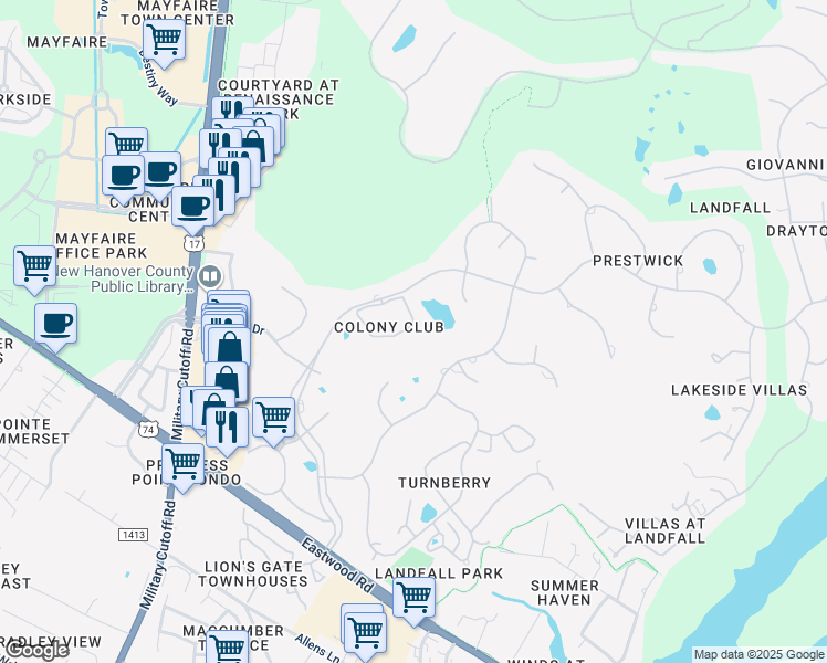 map of restaurants, bars, coffee shops, grocery stores, and more near 1721 Signature Place in Wilmington