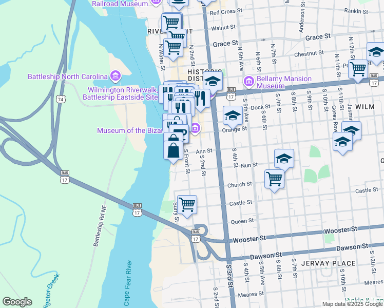 map of restaurants, bars, coffee shops, grocery stores, and more near 106 Ann Street in Wilmington