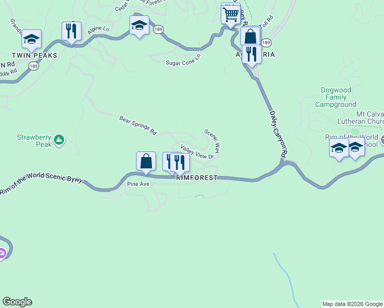 map of restaurants, bars, coffee shops, grocery stores, and more near 26593 Valley View Drive in Rimforest