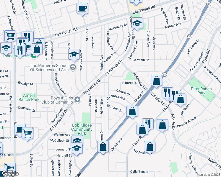 map of restaurants, bars, coffee shops, grocery stores, and more near 1458 Dara Street in Camarillo